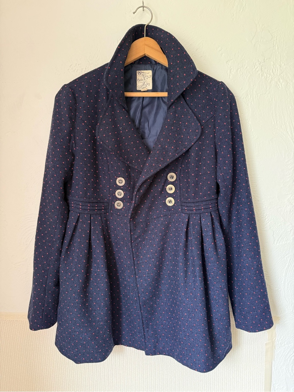Tulle Navy Red Polka Dot Peplum Coat Jacket XL Double Breasted